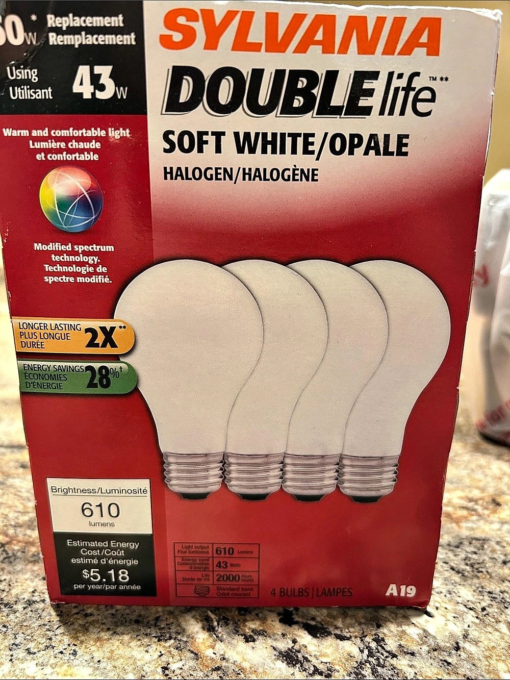 Sylvania DoubleLife A19 Halogen Soft White 60 watt 4-Pack Lot of 2 Packs 8 total